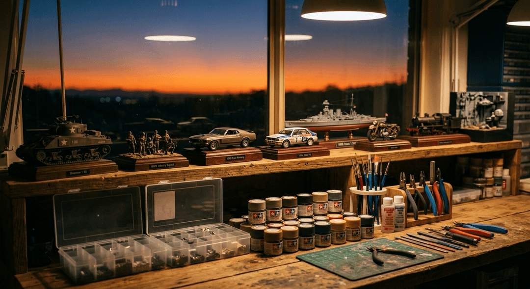 Bench Display board render — Warm workshop bench.