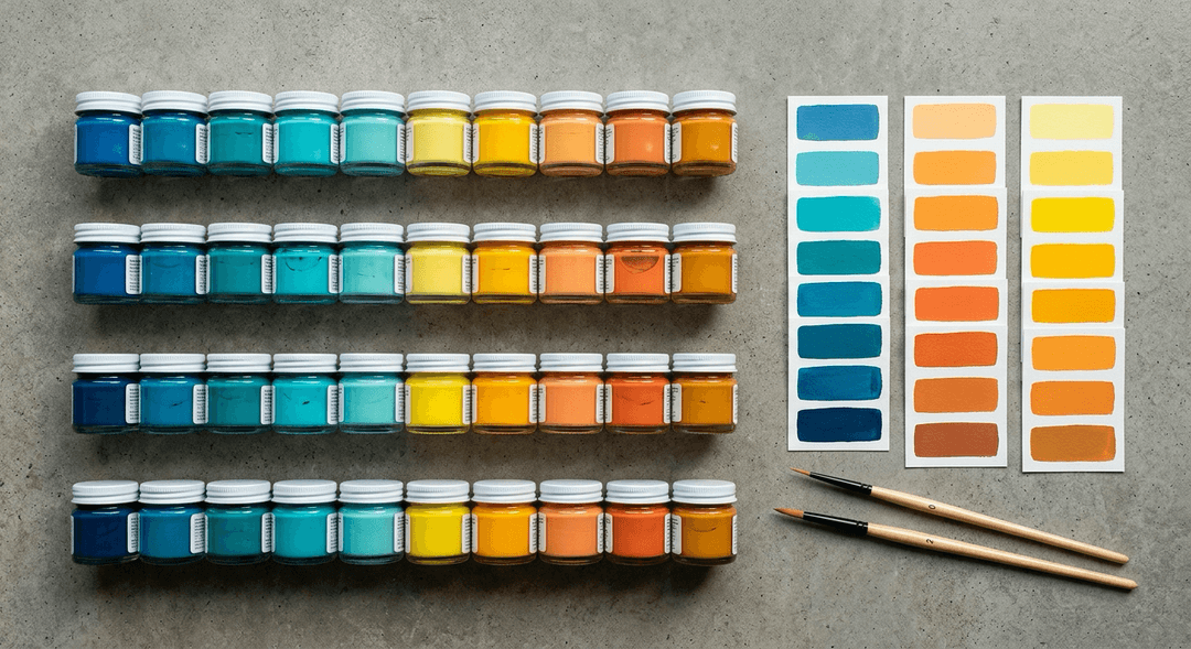 Horizon Colour Set board render — Paint pots and colour cards.
