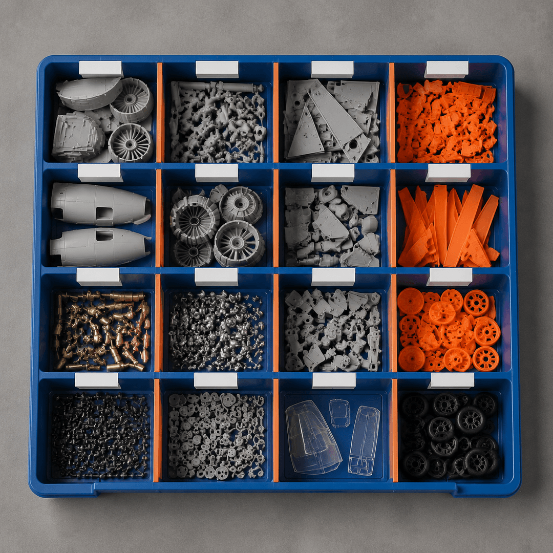 Parts Tray Grid board render — Compartment tray, top-down.